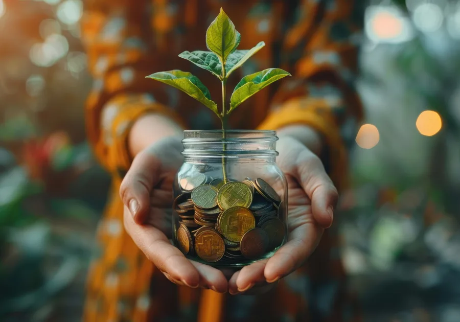 Two hands holding a glass jar of coins with a plant growing from it